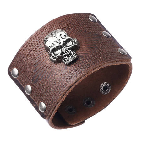 Bracelet Manchette Tête de Mort "Cuir Grainé & Skull Argenté" Couleur marron