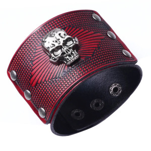 Bracelet Manchette Tête de Mort "Cuir Grainé & Skull Argenté" Couleur Rouge