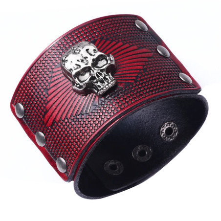 Bracelet Manchette Tête de Mort "Cuir Grainé & Skull Argenté" Couleur Rouge