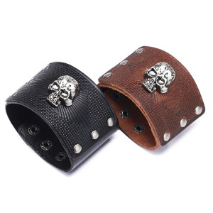 Bracelet Manchette Tête de Mort "Cuir Grainé & Skull Argenté"