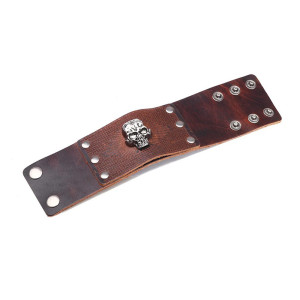 Avant Bracelet Manchette Tête de Mort "Cuir Grainé & Skull Argenté"