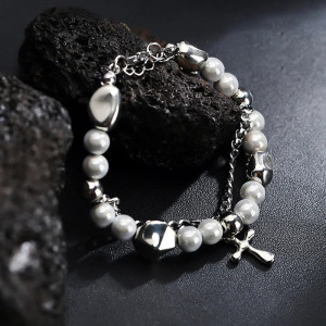 Avant Bracelet Rock "Croix Divine & Perles de Nacre"