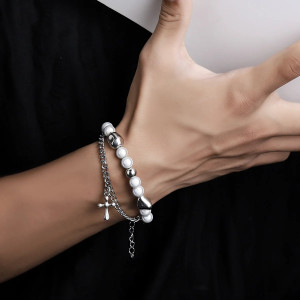 Magnifique Bracelet Rock Croix Divine & Perles de Nacre