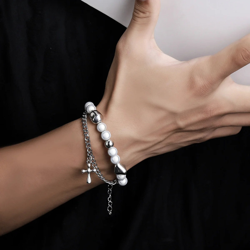 Magnifique Bracelet Rock Croix Divine & Perles de Nacre