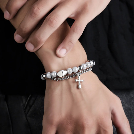 Détails du Magnifique Bracelet Rock Croix Divine & Perles de Nacre