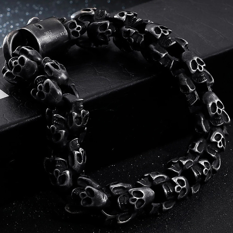 Bracelet Tête de Mort Gothique - Couronne des Crânes Ardents