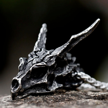 Magnifique Collier Tête de Mort Dragon - Crâne Draconique Ancestral