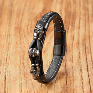 Bracelet Tête de Mort "Triple Crânes Liés" Couleur Noir