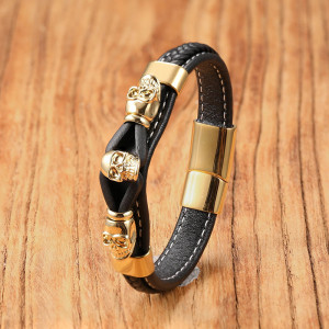 Bracelet Tête de Mort "Triple Crânes Liés" Couleur Or