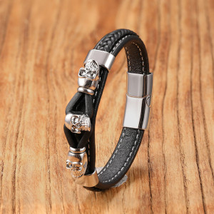 Bracelet Tête de Mort "Triple Crânes Liés" Couleur Argent