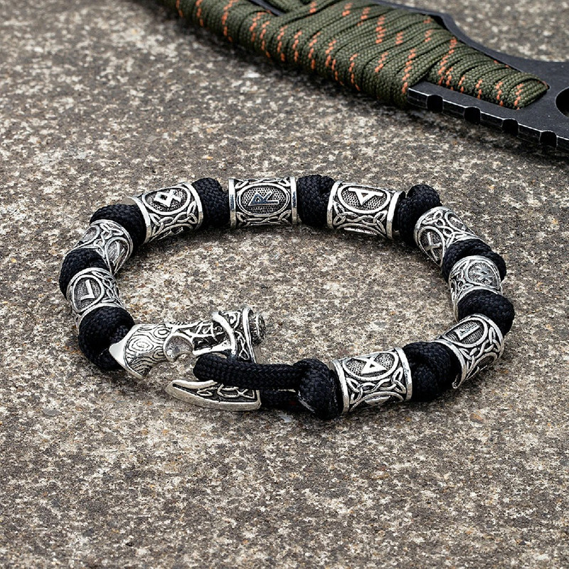 Bracelet Viking Runique en Paracorde "Fermoir Hache" Couleur Noir