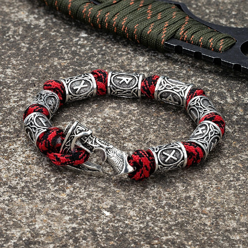 Bracelet Viking Runique en Paracorde "Fermoir Hache" Couleur Rouge