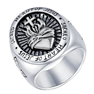 Bague Rock "Cœur Sacré du Christ Ardant" Couleur Argent