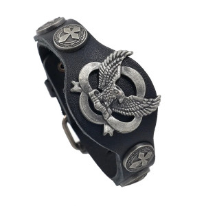 Vue de Face Bracelet Biker Aigle Royal "Black Leather Cross"