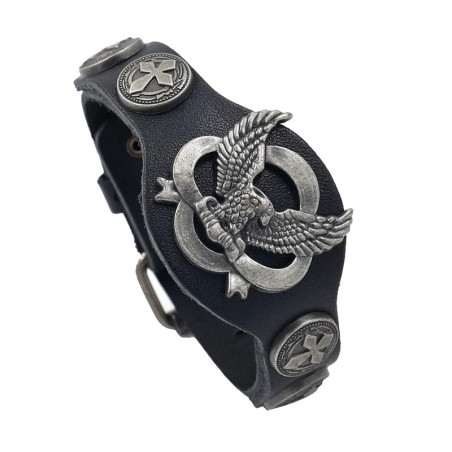 Vue de Face Bracelet Biker Aigle Royal "Black Leather Cross"