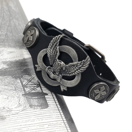 Bracelet Biker Aigle Royal "Black Leather Cross"