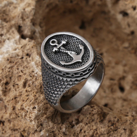 Vue de Face Bague Pirate Ancre Maudite "Serment du Flibustier"
