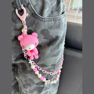 Vue Portee Chaîne de Pantalon Tête de Mort Ours Clouté Nocturne Couleur Rose