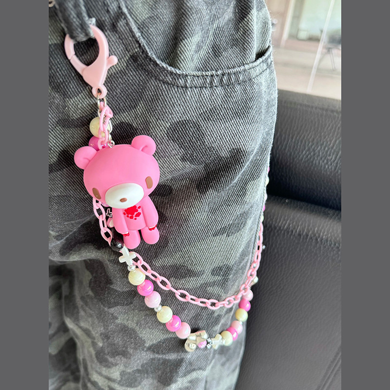 Vue Portee Chaîne de Pantalon Tête de Mort Ours Clouté Nocturne Couleur Rose