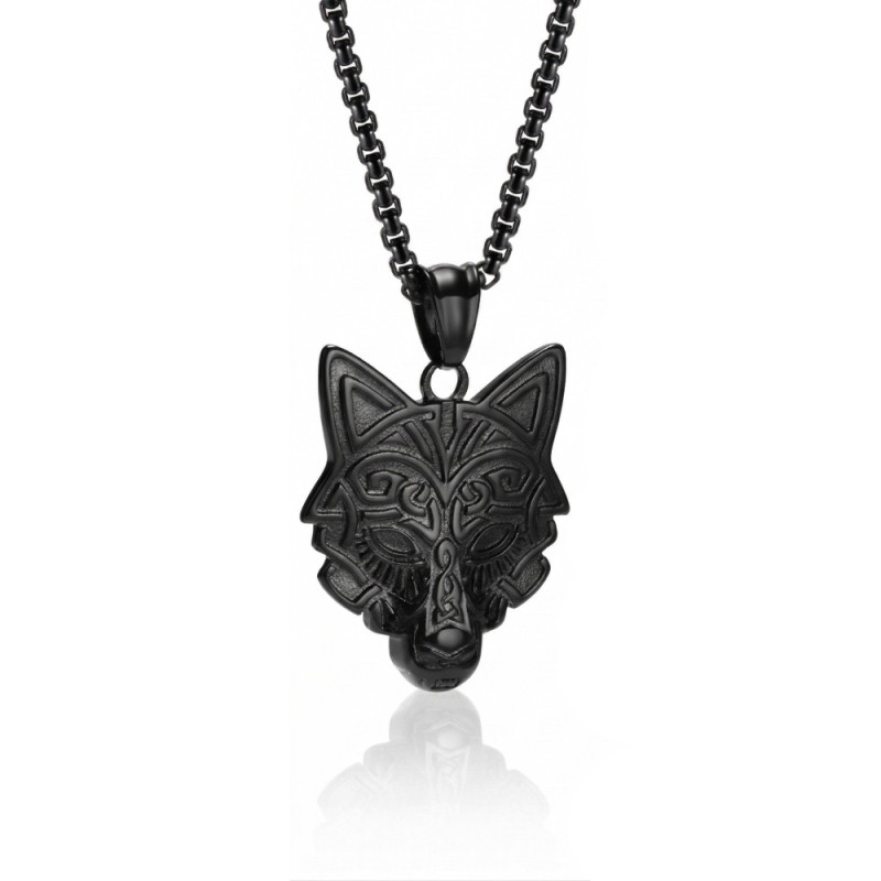 Collier tête de loup  en acier inoxydable pour homme couleur noir