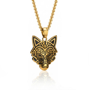 Collier tête de loup  en acier inoxydable pour homme couleur or