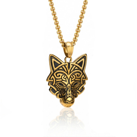 Collier tête de loup  en acier inoxydable pour homme couleur or