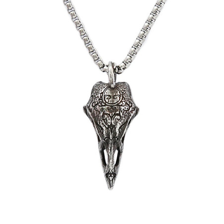 Collier Tête de Mort Corbeau Gothique "Crâne Gravé du Veilleur Funèbre" Modele 1