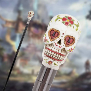 Magnifique Canne Tête de Mort Mexicaine Cœur de Calavera Éternelle