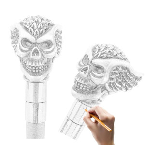 Détail du design de la Canne Tête de Mort Ailée Gardien des Ombres d’Acier