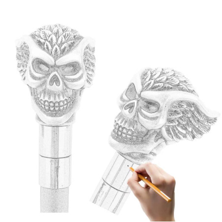 Détail du design de la Canne Tête de Mort Ailée Gardien des Ombres d’Acier
