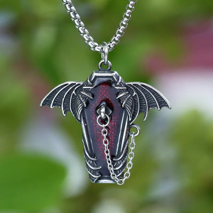 Collier Gothique Vampirique "Cercueil Ailé du Sang Éternel" Couleur Rouge