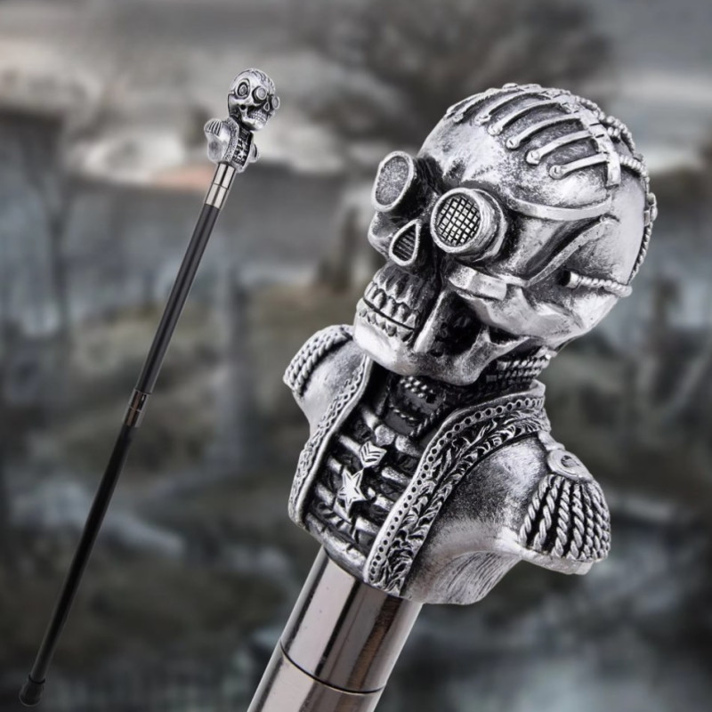 Magnifique Canne Tête de Mort Steampunk Ingénieur des Ombres Mécaniques