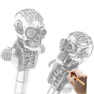 Design de la Canne Tête de Mort Steampunk Ingénieur des Ombres Mécaniques