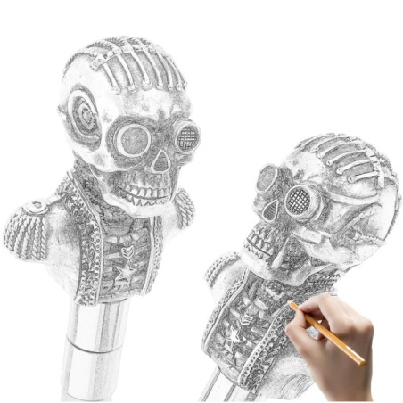 Design de la Canne Tête de Mort Steampunk Ingénieur des Ombres Mécaniques