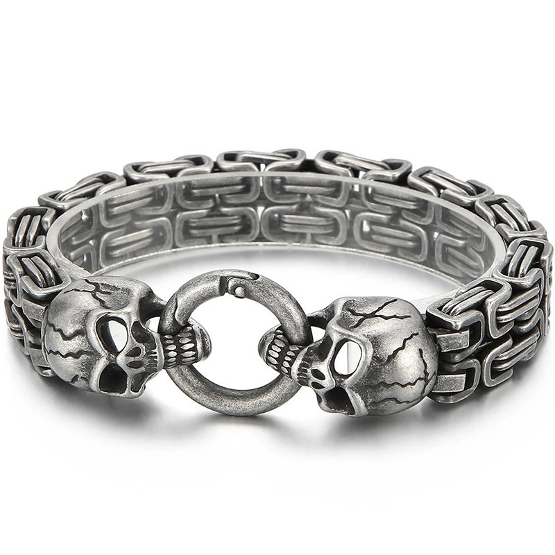 Bracelet Tête de Mort "Serment des Deux Crânes" Couleur Argent Fonce