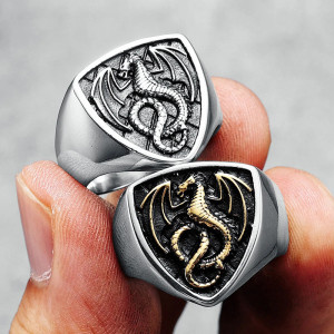 Bague Dragon - Chevalière du Dragon Héraldique Noir