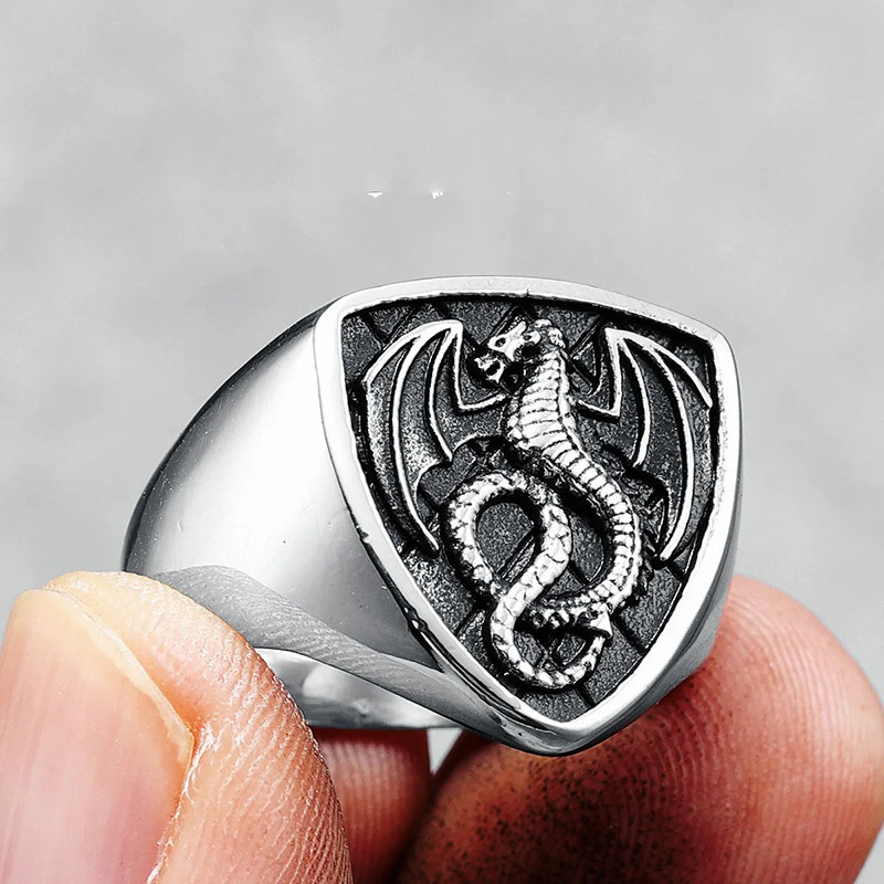 Bague Dragon - Chevalière du Dragon Héraldique Noir Couleur Argent