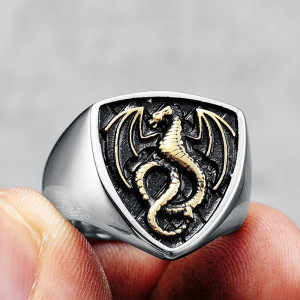 Bague Dragon - Chevalière du Dragon Héraldique Noir Couleur Or