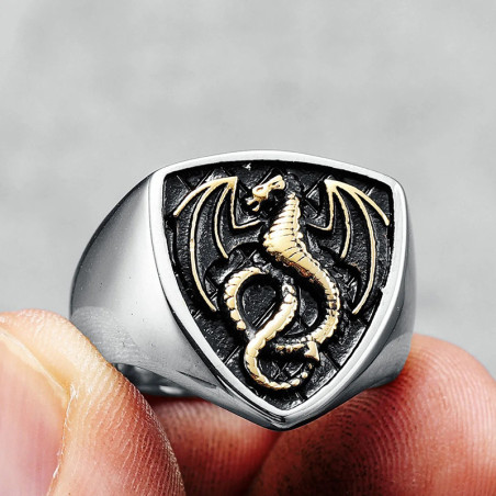 Bague Dragon - Chevalière du Dragon Héraldique Noir Couleur Or