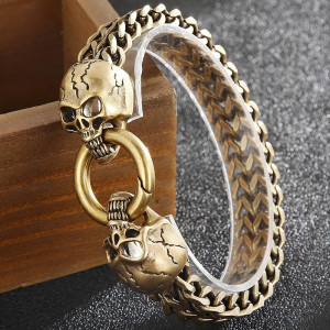Vue de face Bracelet Tête de Mort en Acier "Double Crâne Anneau Infernal"