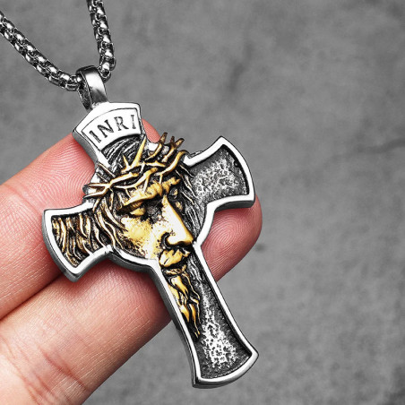 Collier Rock Gothique Croix INRI "Visage du Martyr Couronné"