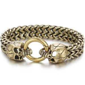 Vue couchée du Bracelet Tête de Mort en Acier Double Crâne Anneau Infernal