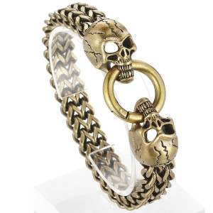 Magnifique Bracelet Tête de Mort en Acier Double Crâne Anneau Infernal