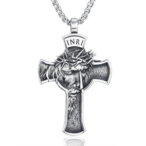 Vue Generale Collier Gothique Croix INRI "Silence du Sacrifice" Couleur Argent