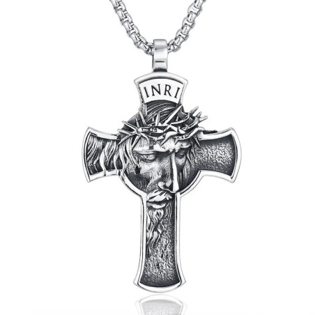Vue Generale Collier Gothique Croix INRI "Silence du Sacrifice" Couleur Argent