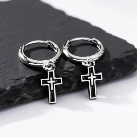 Avant Boucles d’Oreilles Rock Croix Noire Rebelle
