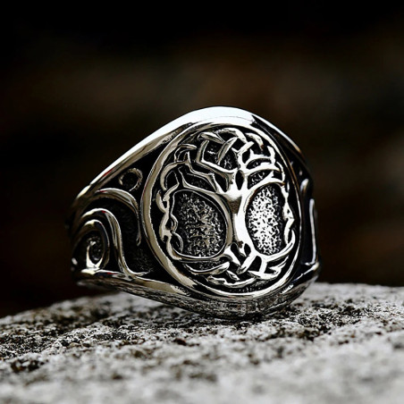Bague Viking - Arbre de Vie Argent Clair & Pierre Sombre