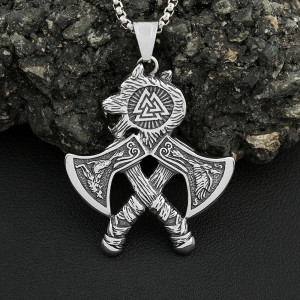 Vue de Face Collier Viking Double Hache du Loup