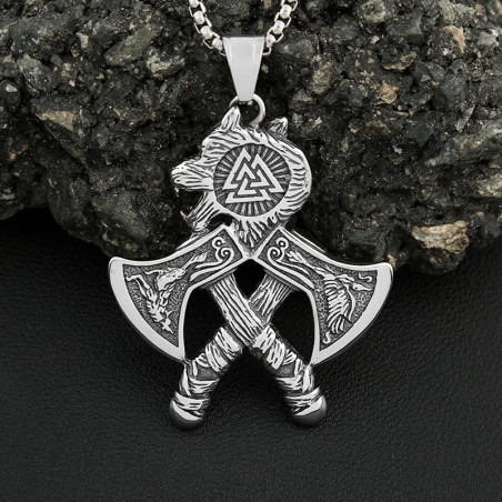 Vue de Face Collier Viking Double Hache du Loup
