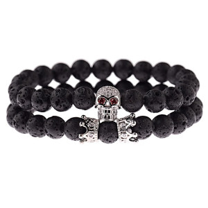 Vue generale Bracelet Perles Tête de Mort - Crâne aux Yeux Rouges Couleur Argent